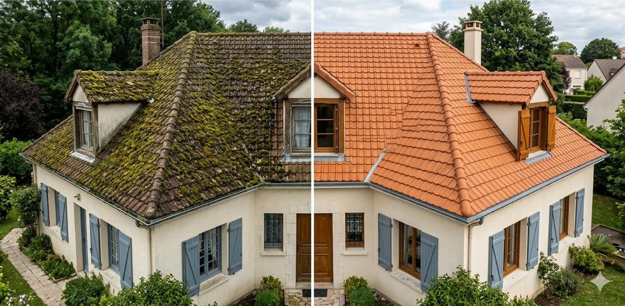 Avant après d'un toit démoussé