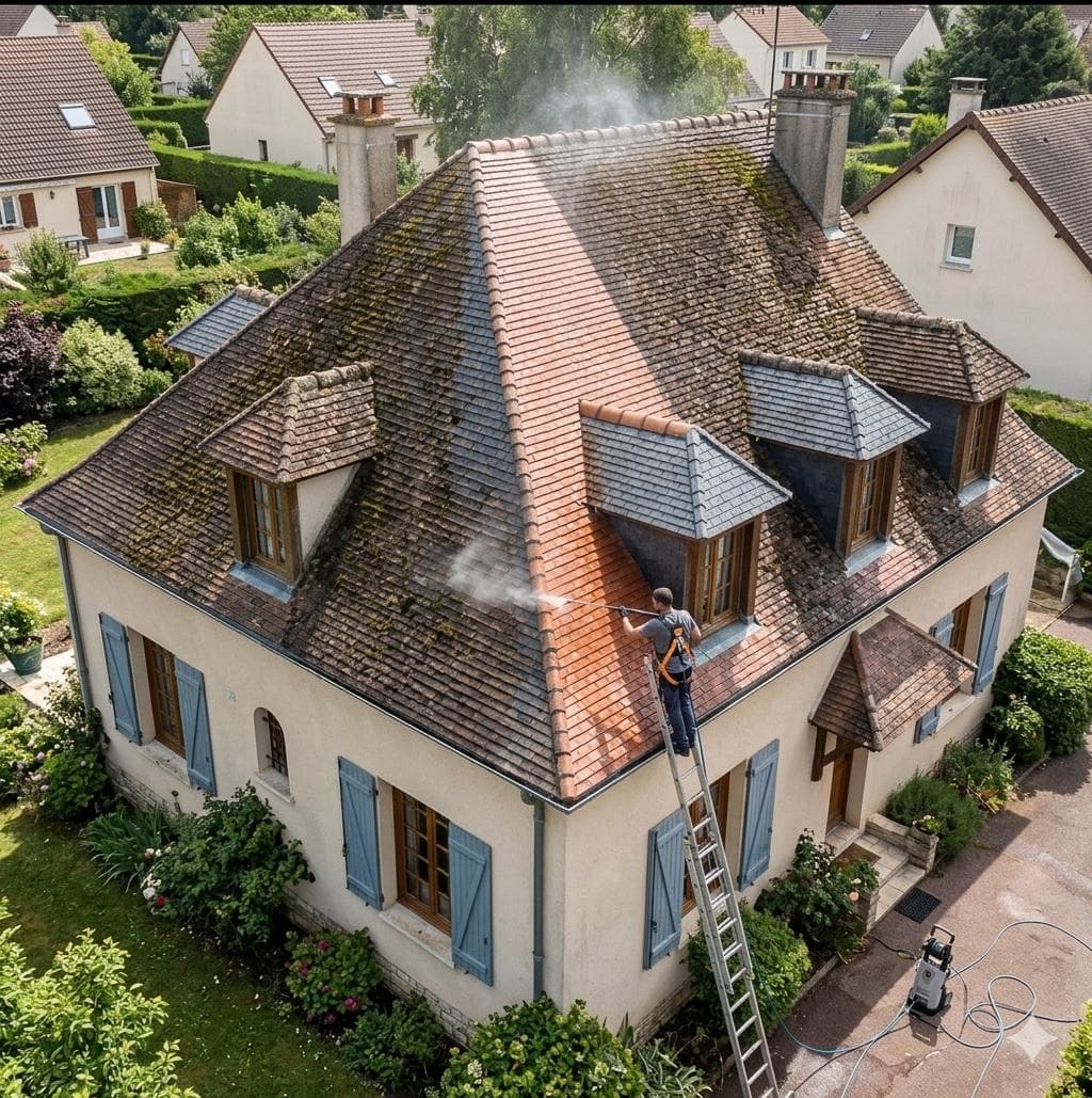 Nettoyage haute pression d'une toiture