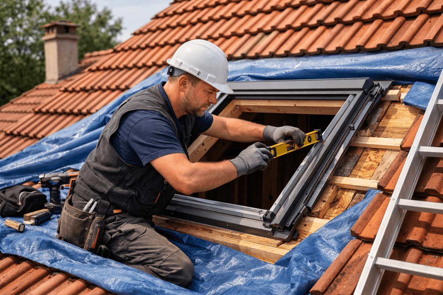 Artisan préparant la pose d'un Velux