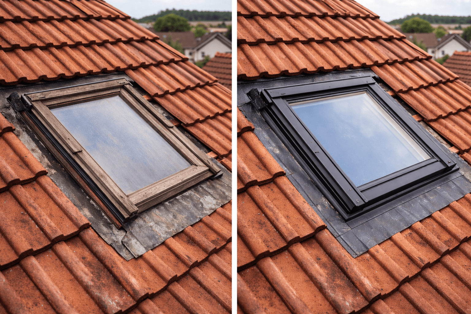 Avant après d'une fenêtre de toit rénovée