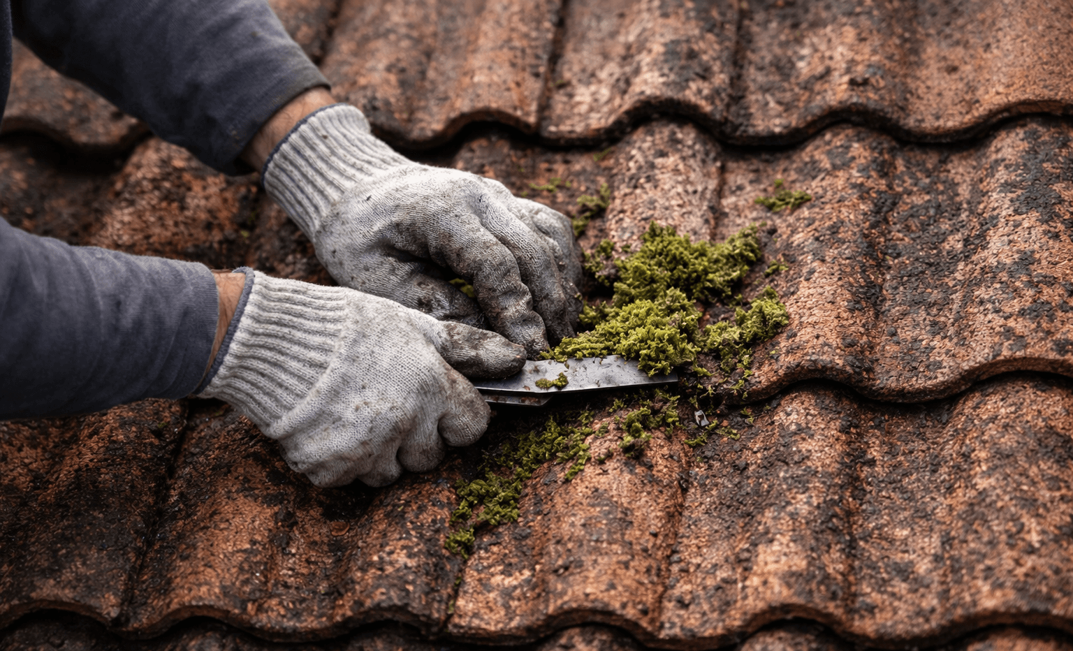 Artisan réalisant un démoussage de toit